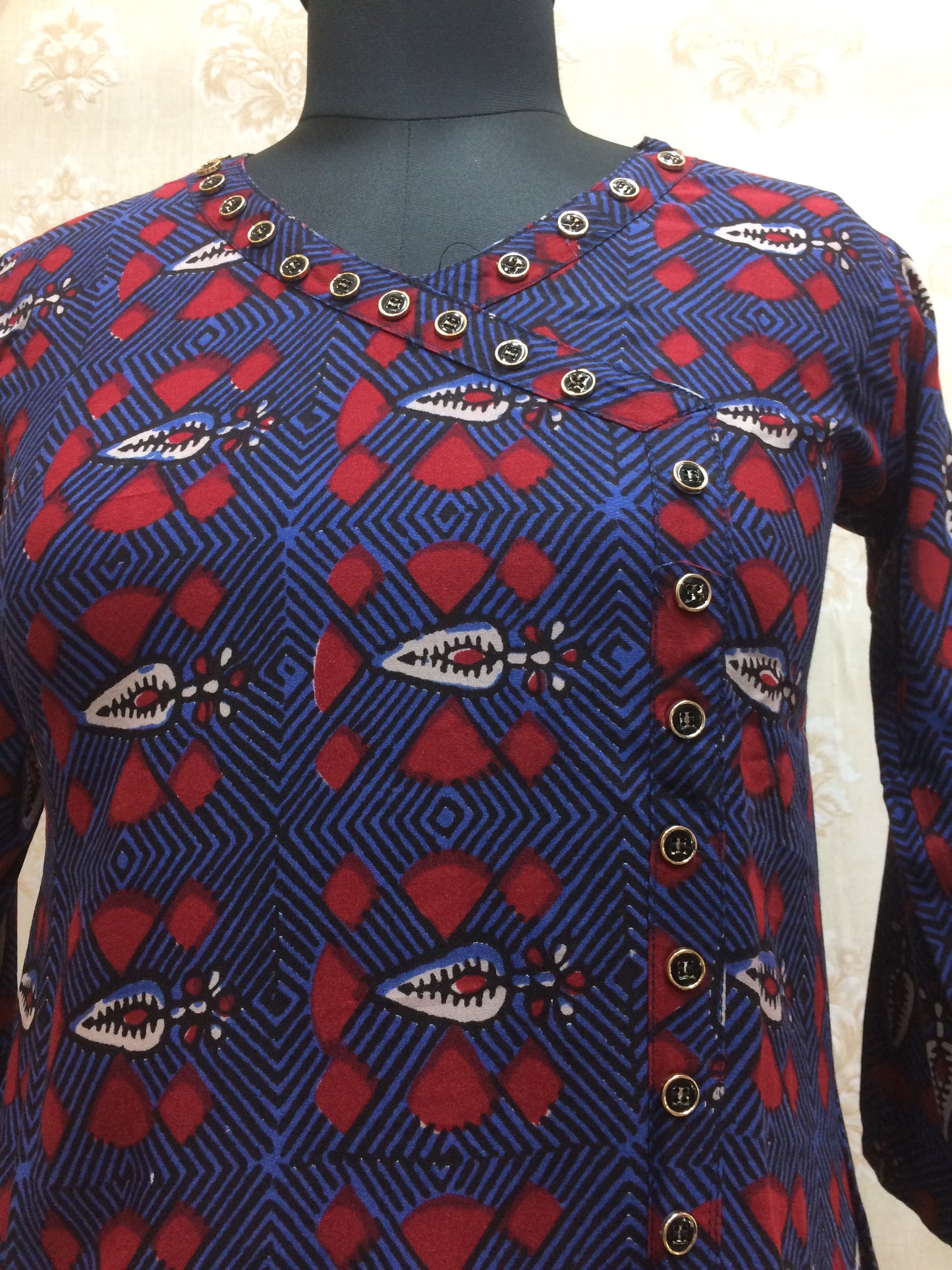 Elegant Navy Blue & Red Printed Kurti with Designer Button Detail