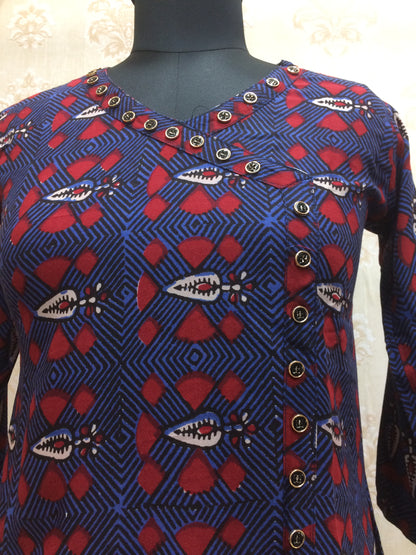 Elegant Navy Blue & Red Printed Kurti with Designer Button Detail