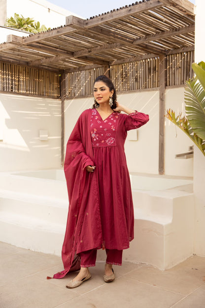 Deep wine embroidered anarkali set