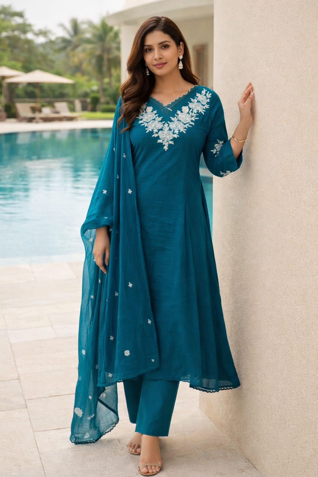 Aina Teal Embroidered Cotton A line Set