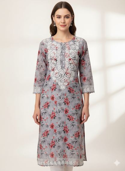 Multi floral printed Lucknowi kurti