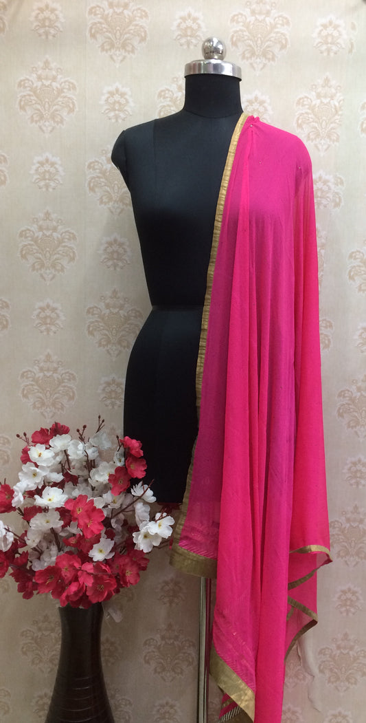 Hot Pink Solid Chiffon Dupatta with golden border