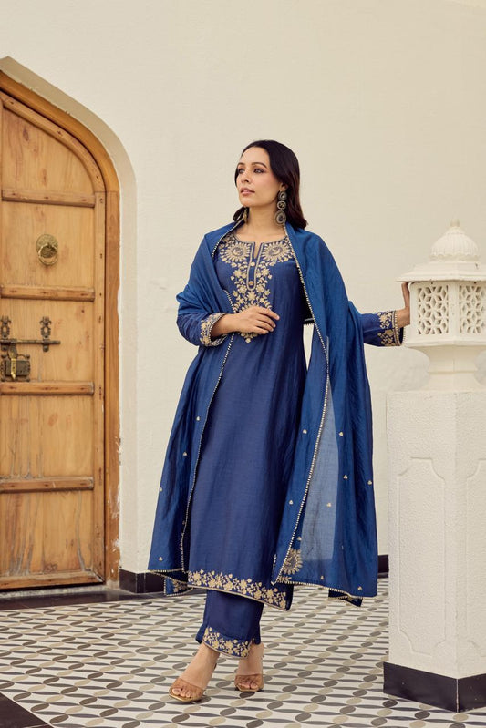 Nuzzat Prussian Blue Embroidered Suit Set