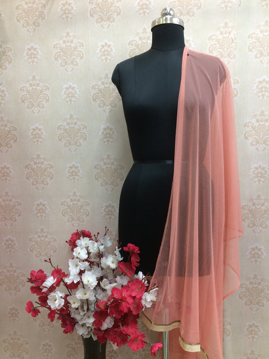 Peach net dupatta with rose gold border