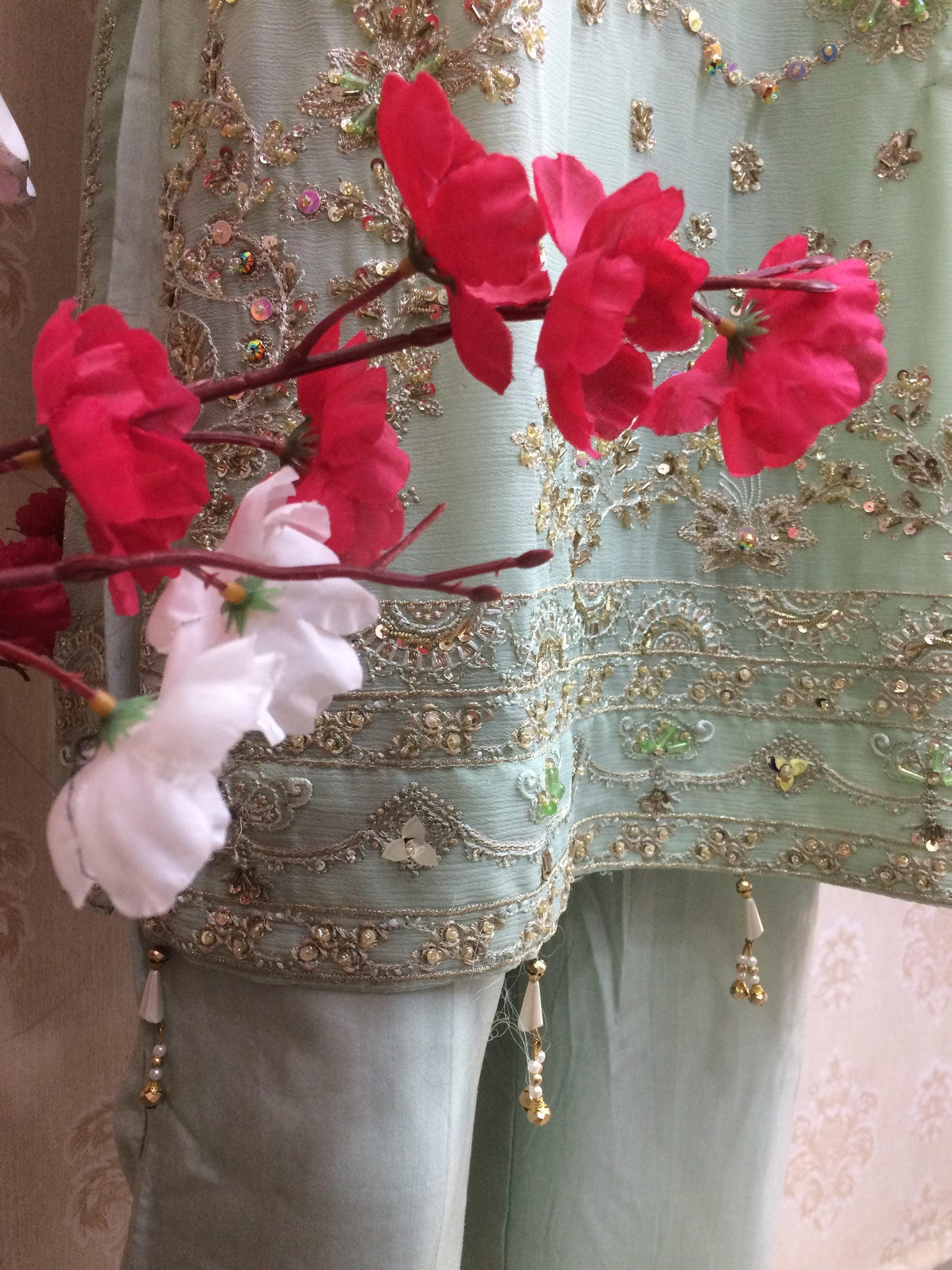 Mint Green Embroidered Chiffon Pakistani heavy dress