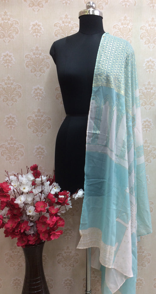 Aqua & Gold Printed Dupatta