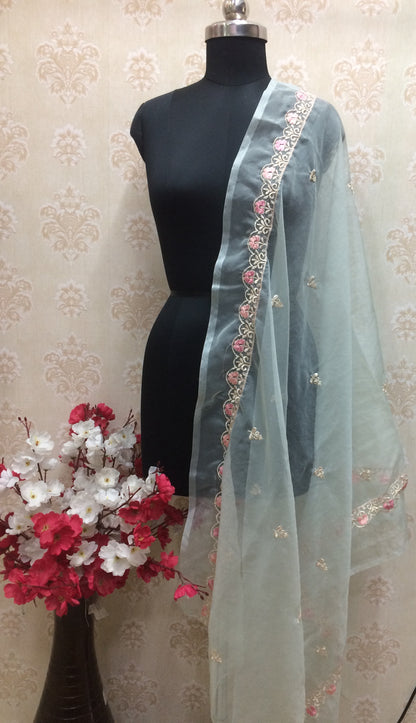 Pastel Blue/Mint Organza Dupatta with Zari & Thread Embroidery