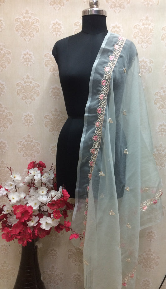 Pastel Blue/Mint Organza Dupatta with Zari & Thread Embroidery