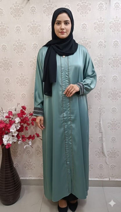 Seafoam Satin Luxe Abaya with Embroidered Cuffs