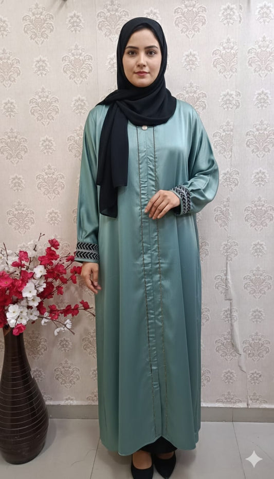 Seafoam Satin Luxe Abaya with Embroidered Cuffs