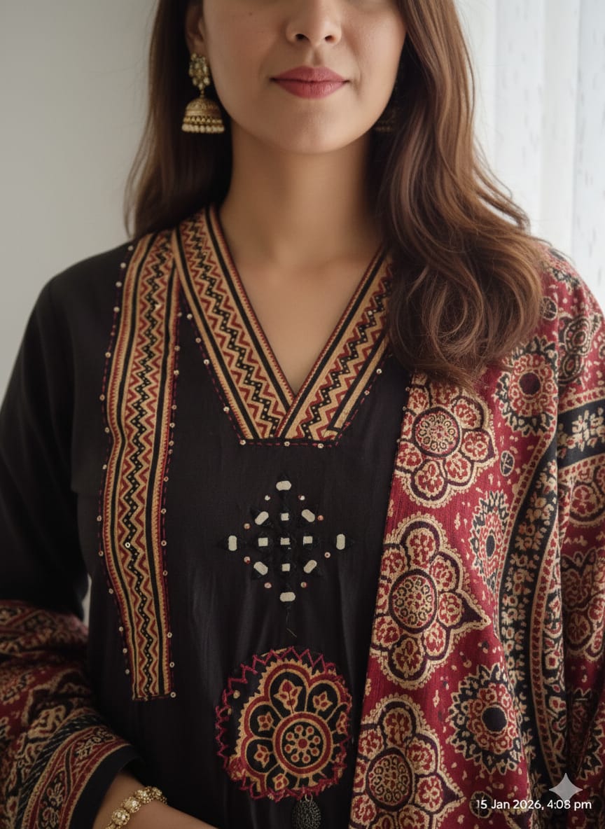 Ajrakh print black 3 pcs set v neck