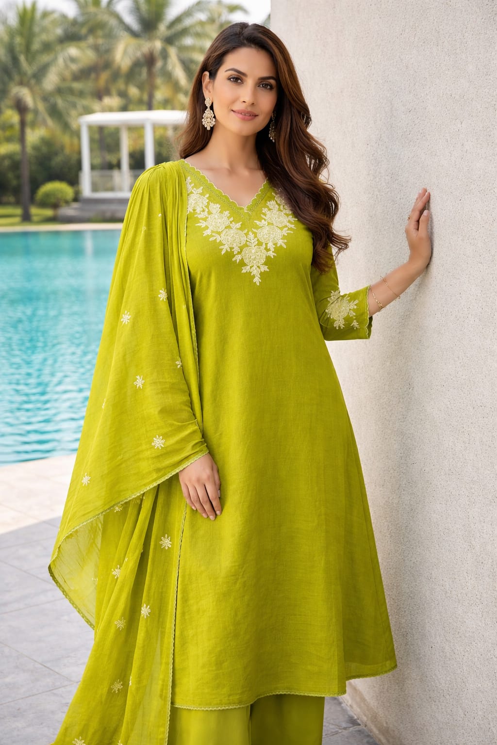 Farzana Lime Green Embroidered A line Set