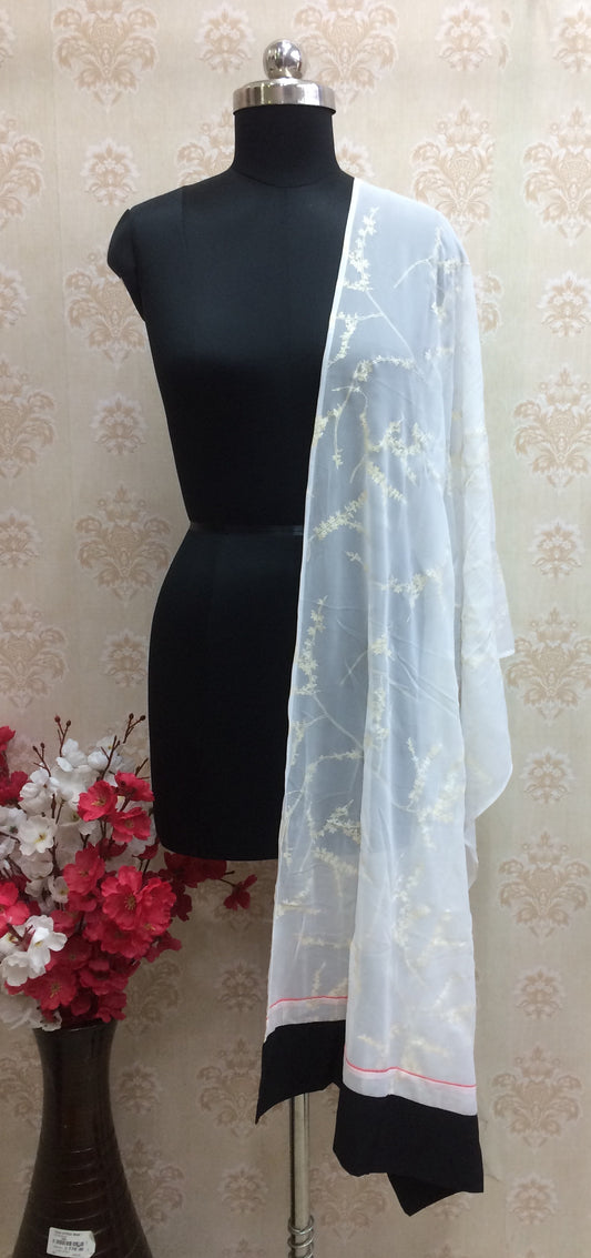 White Georgette Dupatta with Floral Embroidery and Black Border