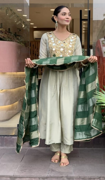 Sage Green Mirror Work Anarkali Suit Set with Bottle Green Dupatta