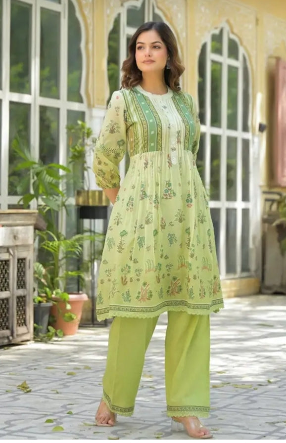 Sage Serenity  Floral Print Cotton Tunic & Trouser Set