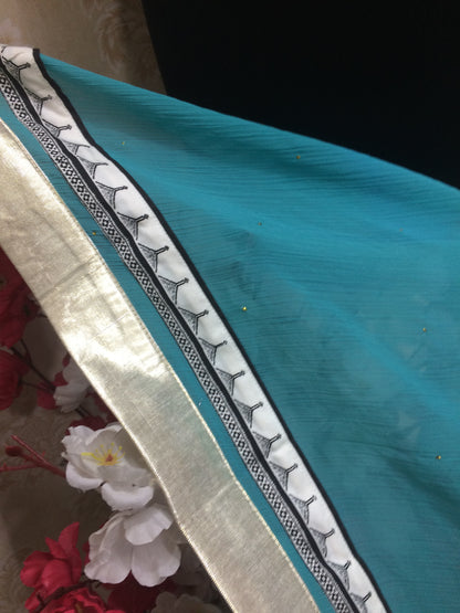 Vibrant Teal Chiffon Dupatta with Black & White Stripe Border
