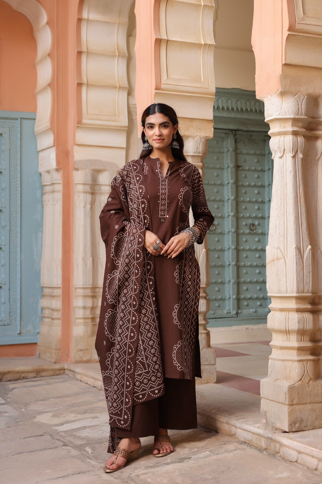 Nilofar Coffee Brown Bandhani Print Kurta Palazzo Set