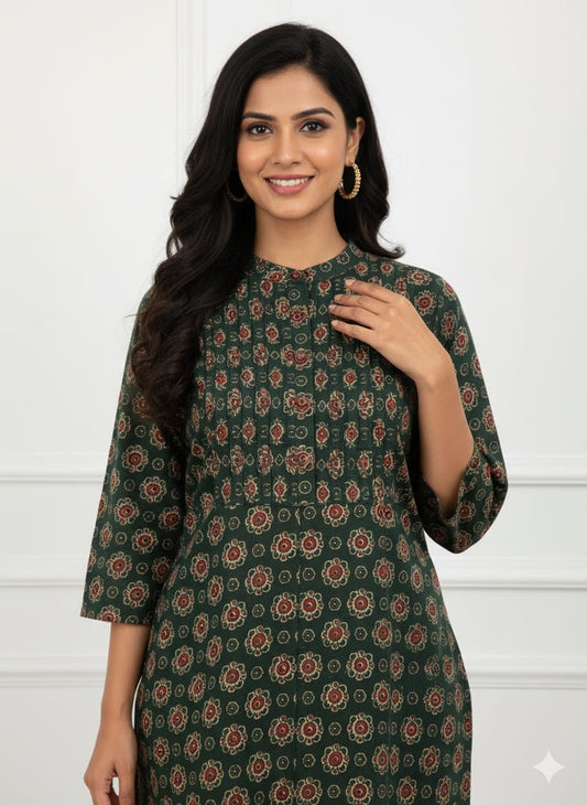 Dark Green Jaipuri Print Cotton Short Kurti with Mandarin Collar