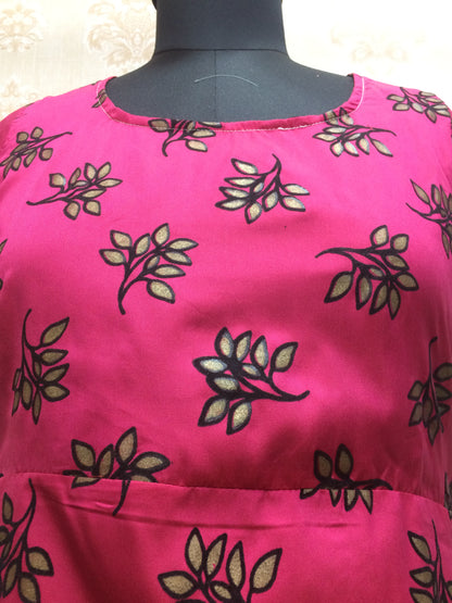 Hot Pink Satin Long Kurti with Leafy Print