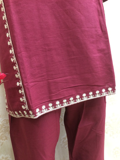 Elegant Maroon Cotton Two-Piece Suit with Border Detailing
