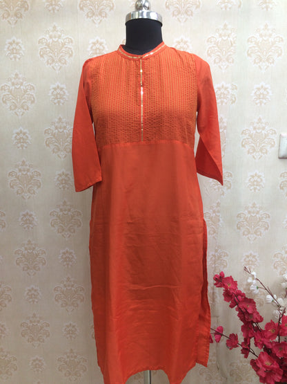 Elegant Orange Cotton Straight-Cut Kurti with Yoke Embroidery