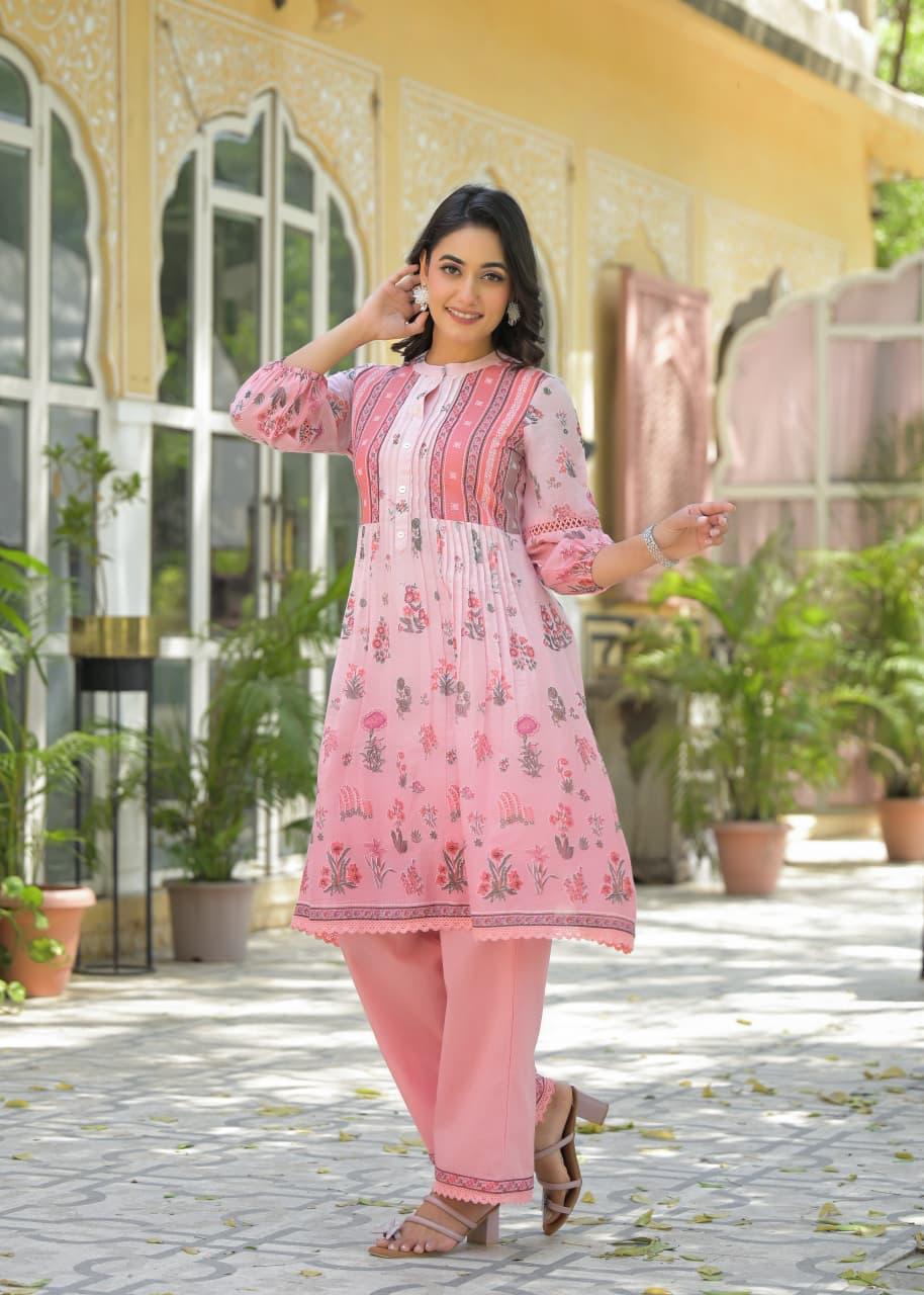 Radiant in Rose: Floral Print Cotton Tunic & Trouser Set