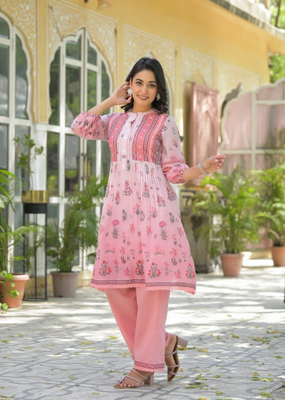 Radiant in Rose: Floral Print Cotton Tunic & Trouser Set