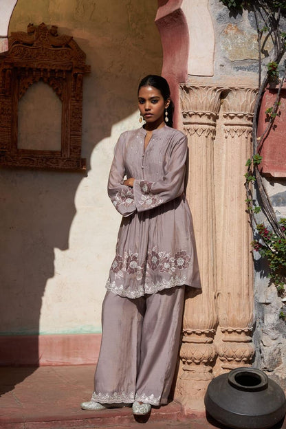 Dusty Mauve Embroidered Kurti & Wide-Leg Trouser Set