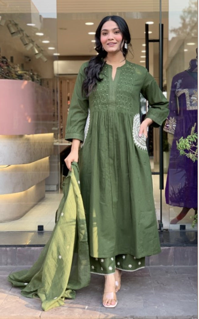 Kulsum Green Embroidered A-Line Kurta Set