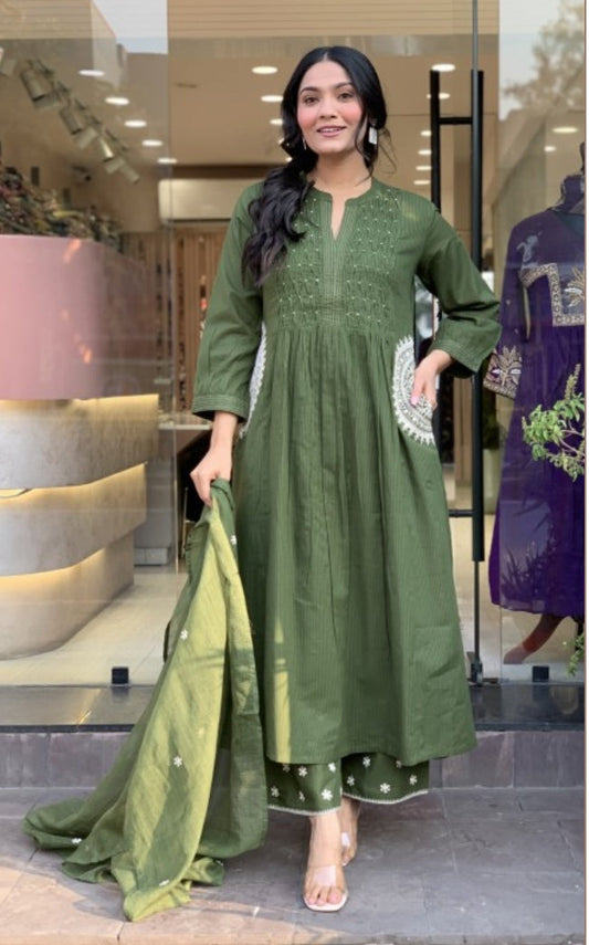 Kulsum Green Embroidered A-Line Kurta Set