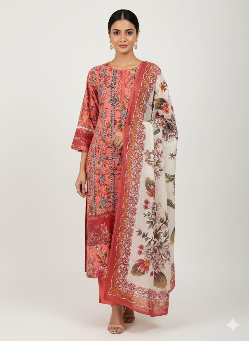 Carrot & Rust Stitched Pakistani Cotton Suit