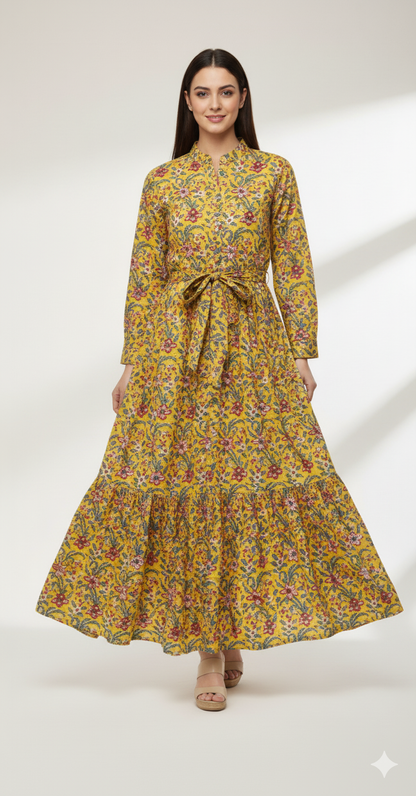 Yellow & Blue Floral Printed Kurti with Tie-Up Waist