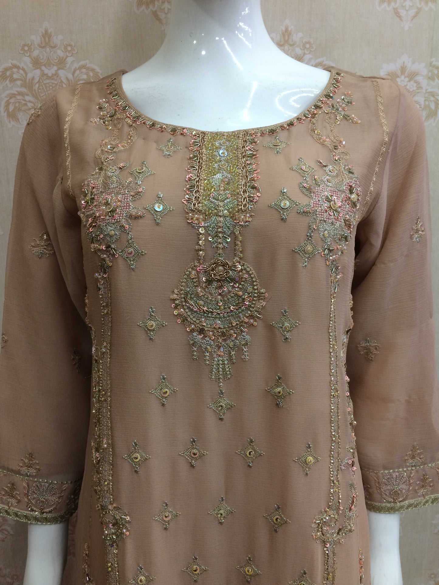 Elegant Nude Beige Embroidered Chiffon Salwar Kameez Suit with Heavy Neckline Work