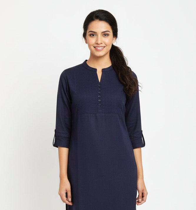 Navy blue short kurti with pleated yoke
