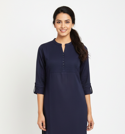 Navy blue short kurti with pleated yoke