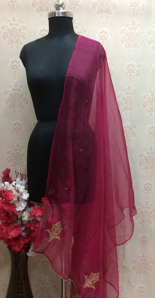 Organza dark pink with light golden work