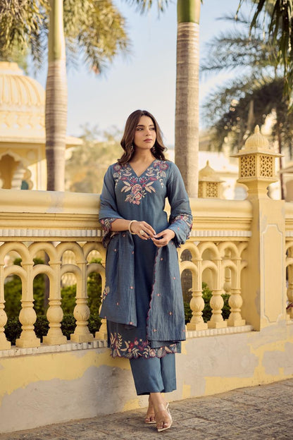 Saniya Blue Embroidered Chanderi Silk Suit Set