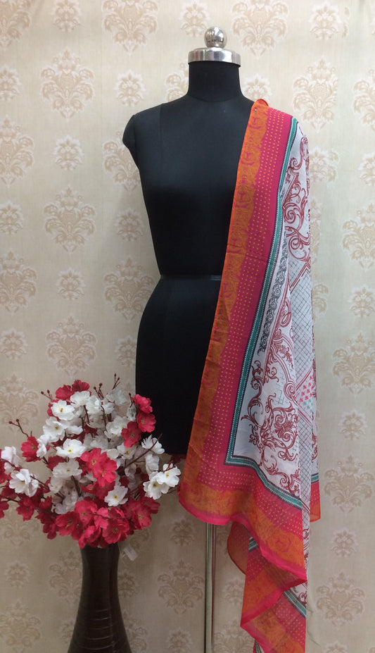 Vibrant Pink & Orange Border Printed square stole
