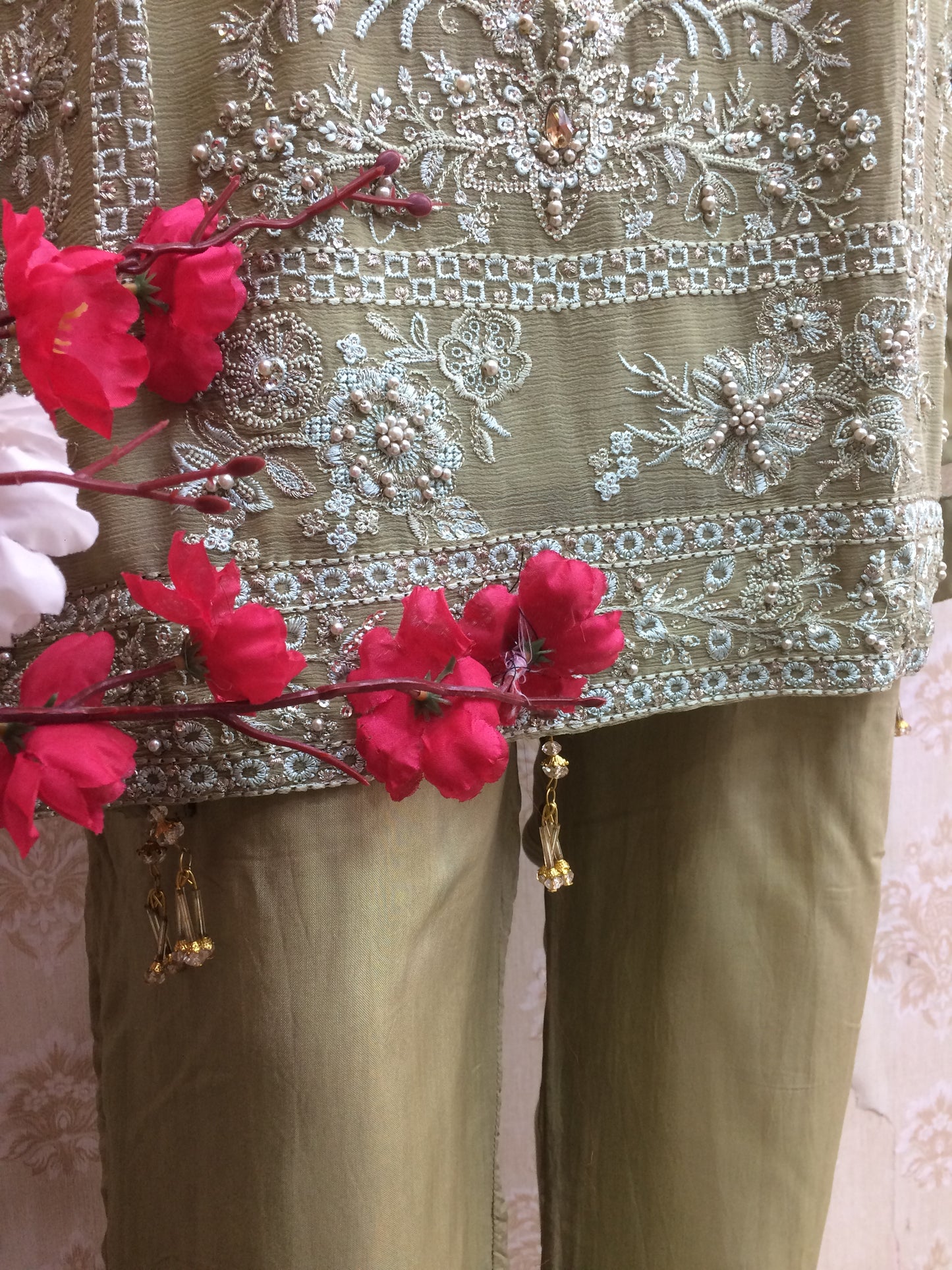 Elegant Olive Green Chiffon Salwar Kameez Suit with Tone-on-Tone Chikankari Style Embroidery - Ready to Wear dress