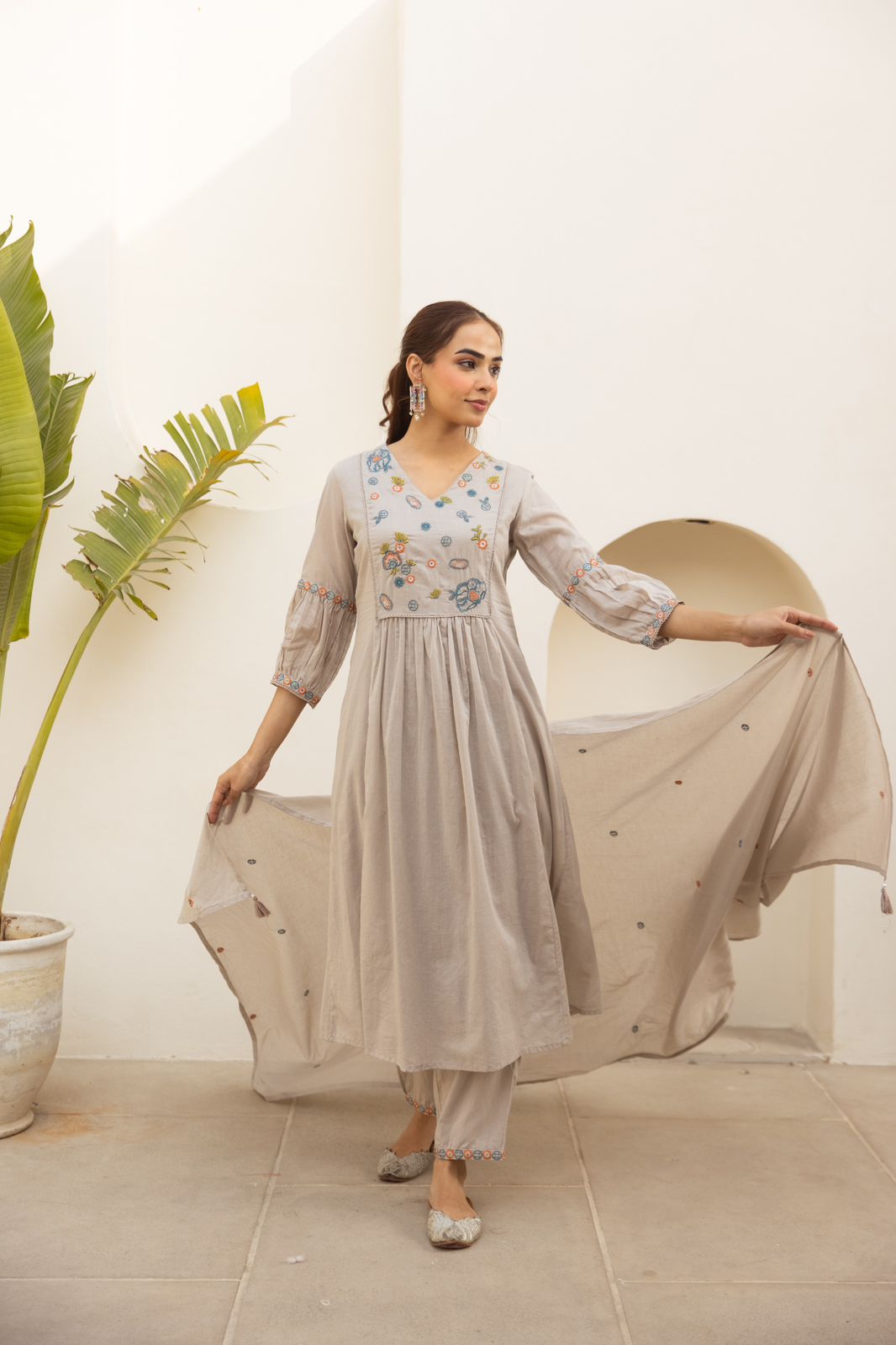 BelleFloral Meadow Embroidered Cotton Anarkali Set