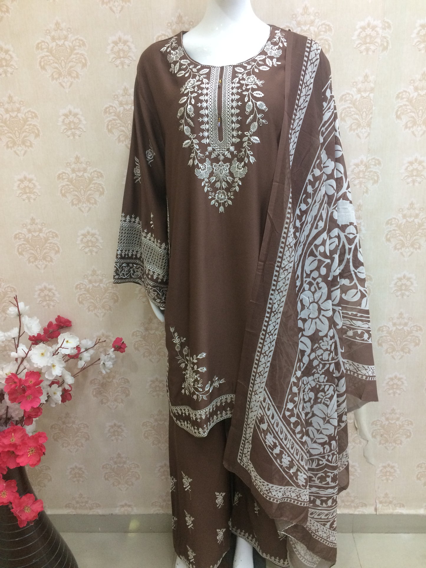 Elegant Embroidered rust and brown rayon Suit Set with Printed Dupatta