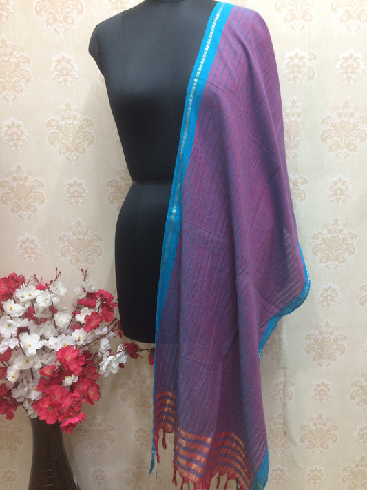 Cotton Silk Blend Dupatta in Rich Plum Purple with Metallic Stripe Weave