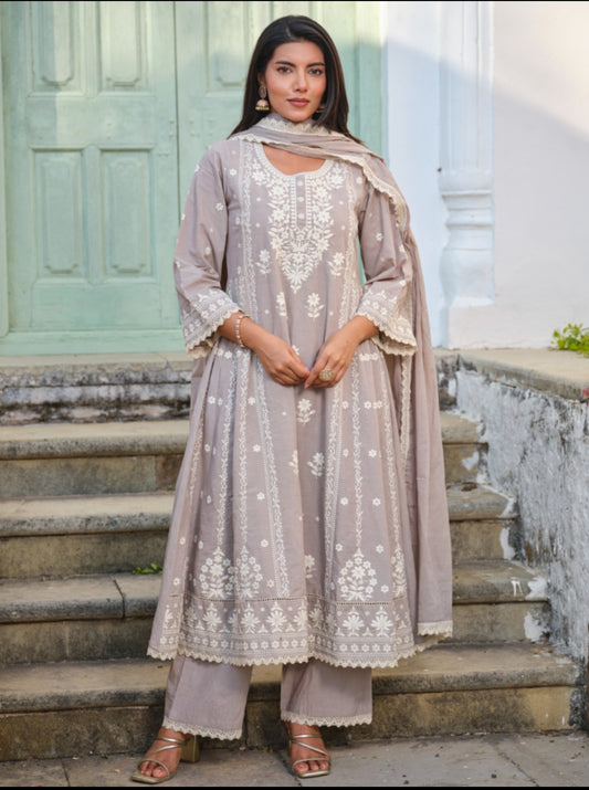 Sheena Mauve Mist Hand-Embroidered Chikankari Anarkali Set