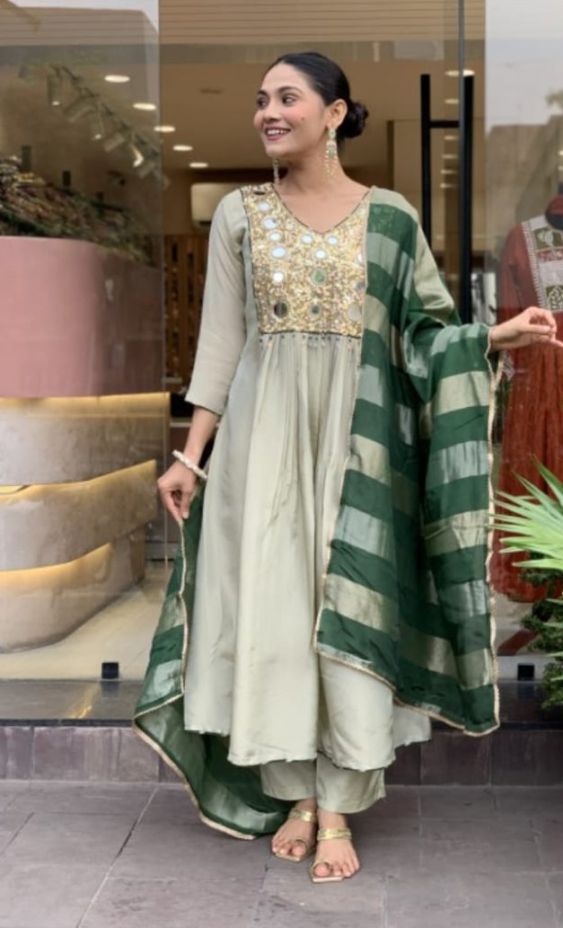 Sage Green Mirror Work Anarkali Suit Set with Bottle Green Dupatta