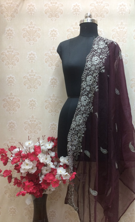 Burgundy organza dupatta with heavy gray border embroidery