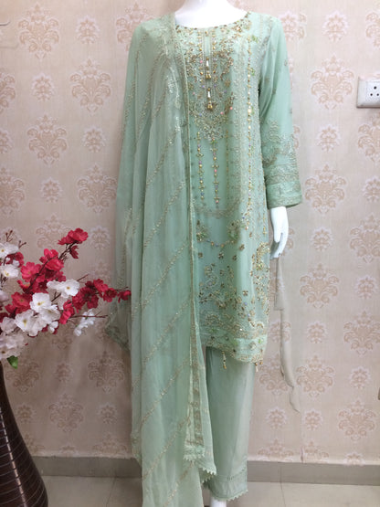 Mint Green Embroidered Chiffon Pakistani heavy dress