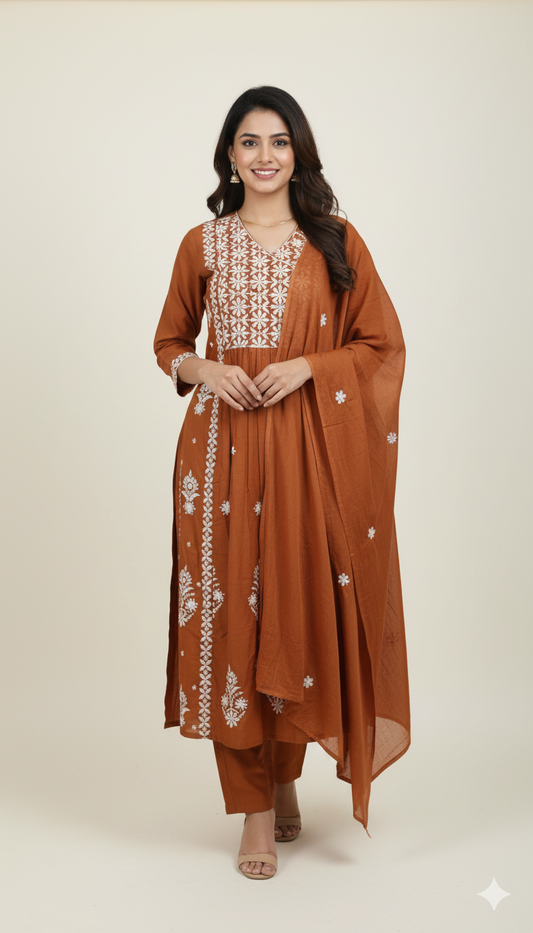 Earthy Rust Anarkali Set with Floral Embroidery