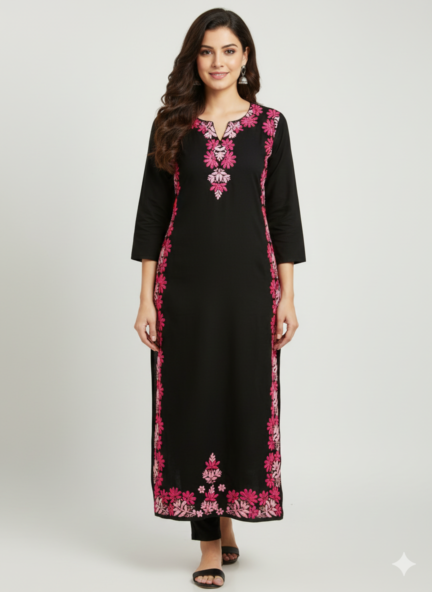 Kurti - Pink & Green Aari Work