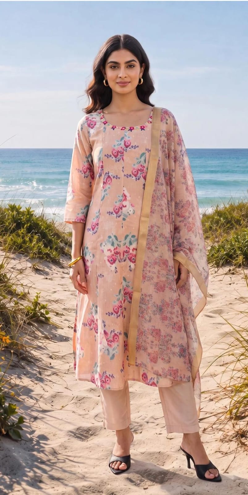 W Peach Floral Printed Kurti