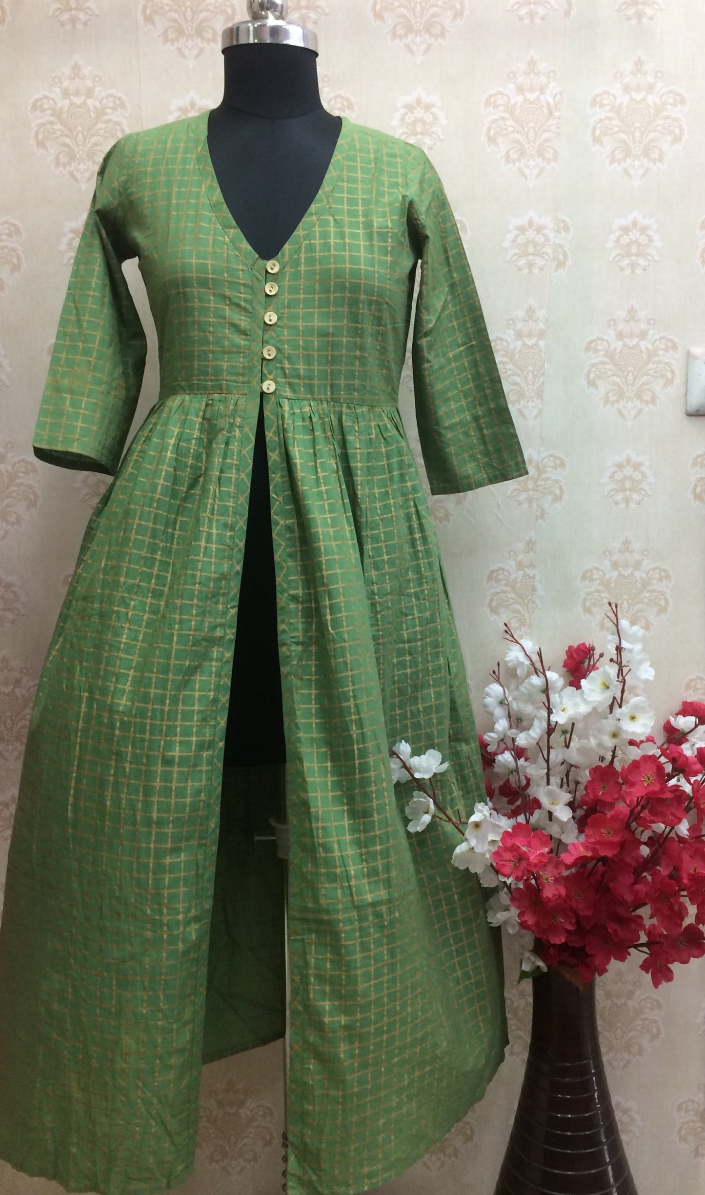 Elegant Green Front-Slit Anarkali Style Kurti with Gold Check Print